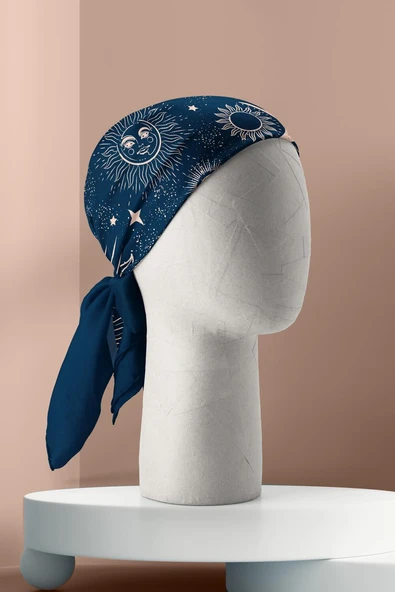 F37 Kadın Lacivert Beyaz Moon Desenli Bandana DG1152 - Resim 3