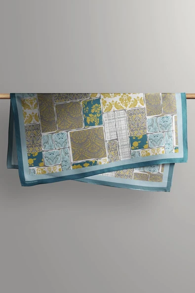 D55 Kadın Hardal Açık Mavi Field Desenli 50x50 Bandana - Resim 4