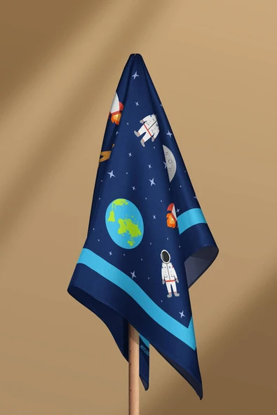 C50 Kadın Lacivert Beyaz Astronot Desenli 50x50 Bandana DG0967-22 - Resim 6