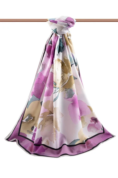 LÜKS MEDİNE İPEĞİ ÇİÇEK DESENLİ TABA - GÜL KURUSU RENKLİ 75X195 KIRIŞMAZ ŞAL MOSS KREP DİKİŞ TİPİ İTALYAN DİKİŞLİ - Resim 2