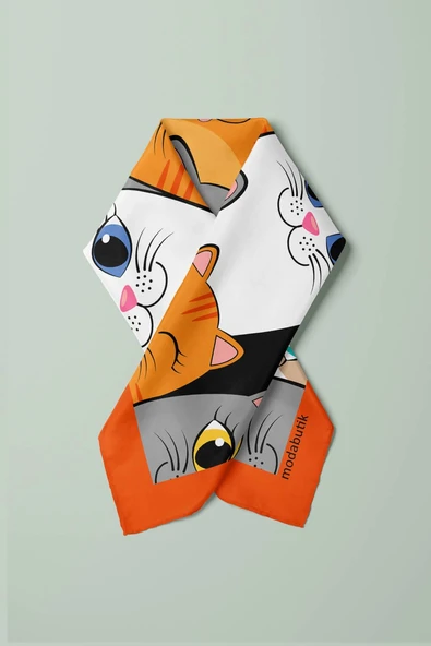 B88 Kadın Kedi Desenli Bandana 50x50 Gri Sarı DG0397-22 - Resim 5