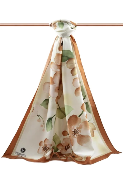 LÜKS MEDİNE İPEĞİ ÇİÇEK DESENLİ TABA RENKLİ 75X195 KIRIŞMAZ ŞAL MOSS KREP DİKİŞ TİPİ İTALYAN DİKİŞLİ - Resim 2