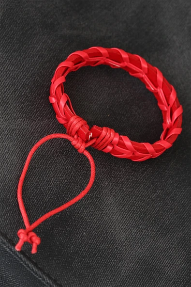 Kırmızı Örgü Deri Erkek Bileklik - Resim 2