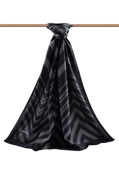 LÜKS MEDİNE İPEĞİ ZİGZAG DESENLİ SİYAH RENKLİ 75X195 KIRIŞMAZ ŞAL MOSS KREP DİKİŞ TİPİ İTALYAN DİKİŞLİ - Resim 2