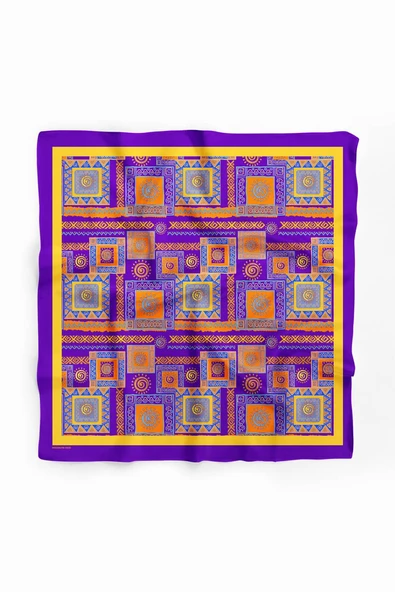 H16 Kadın Mor Sarı Ethnic Patch Desenli 50x50 Bandana - Resim 2