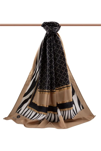 LÜKS MEDİNE ZEBRALI BAKLAVA DESENLİ SÜTLÜ KAHVE RENKLİ 75X195 KIRIŞMAZ ŞAL MOSS KREP DİKİŞ TİPİ İTALYAN DİKİŞLİ - Resim 2