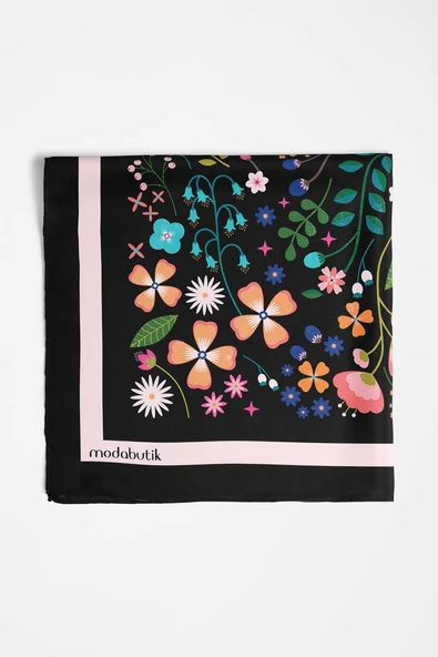 Kadın Siyah Pembe Çiçek Desenli 50x50 Bandana HYL DG01696-22 - Resim 5