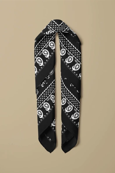 H6 Kadın Siyah Beyaz Şal Desenli 50x50 Bandana HYL DG01367-22 - Resim 3