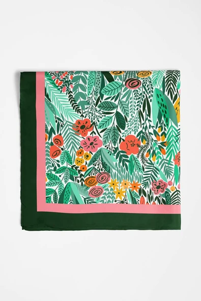 A44 Kadın Yeşil Greenery Desenli 50x50 Bandana HYL DG0720-22 - Resim 5