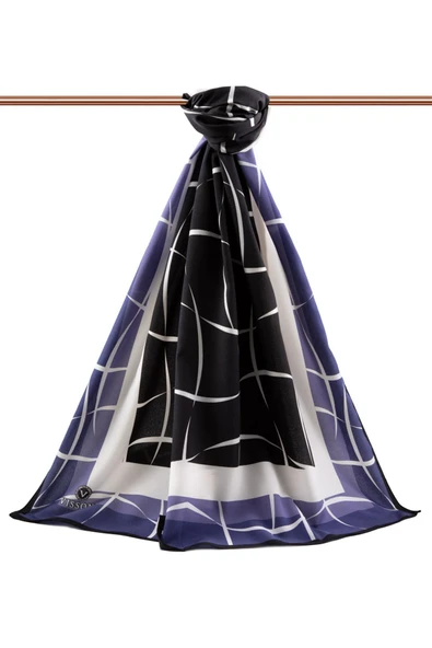 LÜKS MEDİNE İPEĞİ ÇİZGİLİ DESENLİ İNDİGO RENKLİ 75X195 KIRIŞMAZ ŞAL MOSS KREP DİKİŞ TİPİ İTALYAN DİKİŞLİ - Resim 2