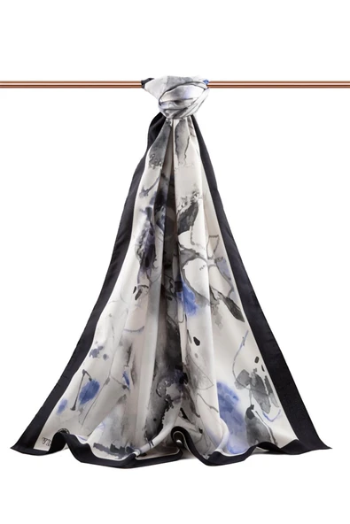 LÜKS MEDİNE İPEĞİ SULU BOYA YAPRAK DESENLİ GRİ - İNDİGO RENKLİ 75X195 KIRIŞMAZ ŞAL MOSS KREP DİKİŞ TİPİ İTALYAN DİKİŞLİ - Resim 2