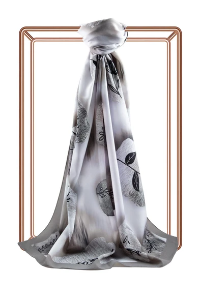 LÜKS MEDİNE İPEĞİ FIRÇA DOKULU ÇİZGİ ÇİÇEK DESENLİ GRİ RENKLİ 75X195 KIRIŞMAZ ŞAL MOSS KREP DİKİŞ TİPİ İTALYAN DİKİŞLİ - Resim 2