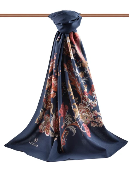 LÜKS MEDİNE İPEĞİ NAKIŞ ÇİÇEK DESENLİ LACİVERT RENKLİ 75X195 KIRIŞMAZ ŞAL MOSS KREP DİKİŞ TİPİ İTALYAN DİKİŞLİ - Resim 2