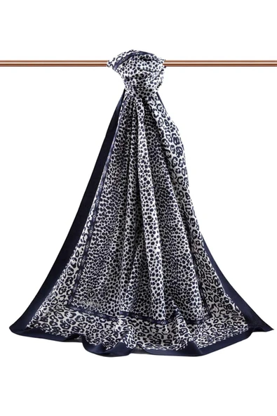 LÜKS MEDİNE İPEĞİ LEOPAR DESENLİ LACİVERT RENKLİ 75X195 KIRIŞMAZ ŞAL MOSS KREP DİKİŞ TİPİ İTALYAN DİKİŞLİ - Resim 2