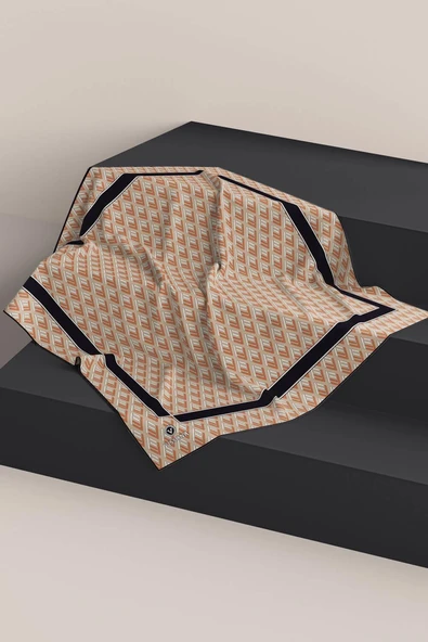 % 57 İPEK % 43 VİSKON Twill İpek Geometrik Desenli Bej - Taba  Renkli 90x90 Eşarp Dikim Şekli : El Dikişi - Resim 6