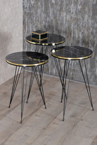 Zigon Sehpa Ve Orta Sehpa Elips Set Siyah Tel Ayak Çift Altın Bendir - Resim 3