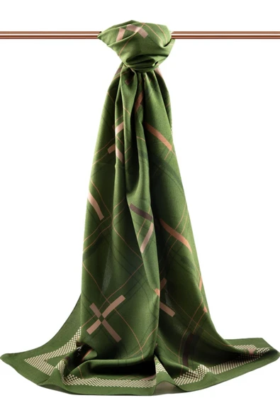 LÜKS MEDİNE İPEĞİ GEOMETRİK DESENLİ ZÜMRÜT YEŞİLİ - BEJ RENKLİ 75X195 KIRIŞMAZ ŞAL MOSS KREP DİKİŞ TİPİ İTALYAN DİKİŞLİ - Resim 2