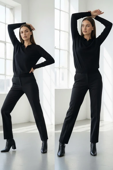 Kadın Polo Yaka Düz Kazak Siyah - Resim 2