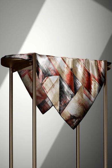 %100 Twill İpek Efektli ve Geometrik Desenli Bej - Kırmızı Renkli 90x90 Eşarp Dikim Şekli : El Dikişi - Resim 4