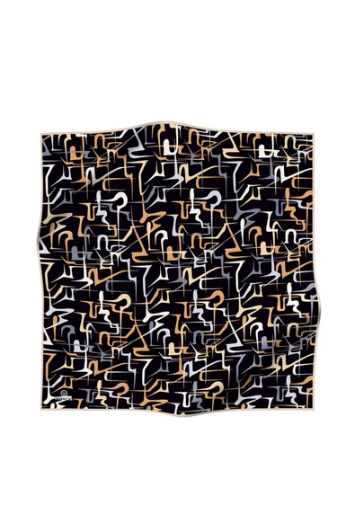 %100 Twill İpek Soyut Geometrik Desenli Gold - Gri Renkli 90x90 Eşarp Dikim Şekli : El Dikişi - Resim 2