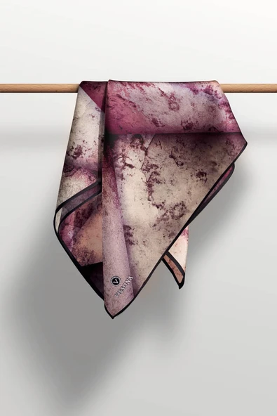 % 57 İPEK % 43 VİSKON Twill İpek Dokulu Ve Geometrik Desenli Pudra - Somon Renkli 90x90 Eşarp Dikim Şekli : El Dikişi - Resim 4