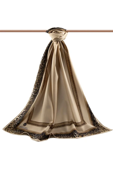 LÜKS MEDİNE İPEĞİ LEOPAR BORDÜR DESENLİ BEJ RENKLİ 75X195 KIRIŞMAZ ŞAL MOSS KREP DİKİŞ TİPİ İTALYAN DİKİŞLİ - Resim 2