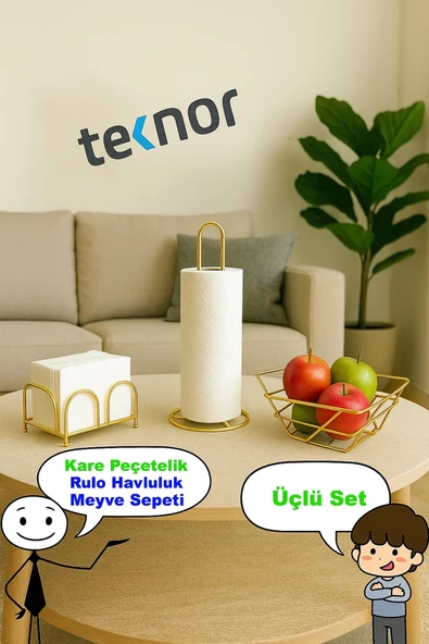 3'lü Servis Sunum Seti, Kağıt Havluluk, Kare Peçetelik, Üçgen Meyve Sepeti - Resim 2