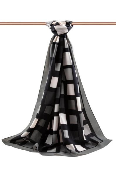 LÜKS MEDİNE İPEĞİ KARE DESENLİ GRİ RENKLİ 75X195 KIRIŞMAZ ŞAL MOSS KREP DİKİŞ TİPİ İTALYAN DİKİŞLİ - Resim 2