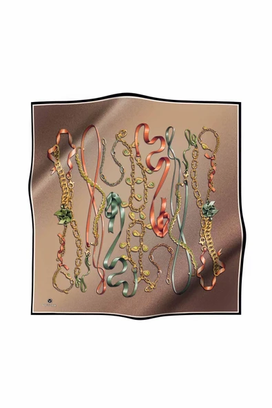 %100 Twill İpek Kurdele Ve Zincir Desenli Bej Renkli 90x90 Eşarp Dikim Şekli : El Dikişi - Resim 2