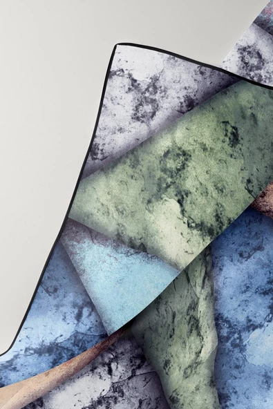 %100 Twill İpek Dokulu Ve Geometrik Desenli Bebe Mavisi - Mint Yeşili Renkli 90x90 Eşarp Dikim Şekli : El Dikişi - Resim 4