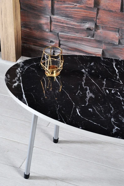 Orta Sehpa Elips Siyah Metal Ayak Gümüş Bendir - Resim 3