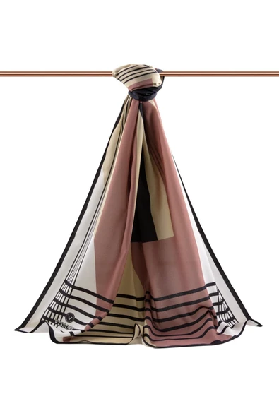 LÜKS MEDİNE İPEĞİ GEOMETRİK DESENLİ PUDRA RENKLİ 75X195 KIRIŞMAZ ŞAL MOSS KREP DİKİŞ TİPİ İTALYAN DİKİŞLİ - Resim 2