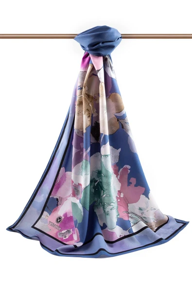 LÜKS MEDİNE İPEĞİ ÇİÇEK DESENLİ İNDİGO - MÜRDÜM RENKLİ 75X195 KIRIŞMAZ ŞAL MOSS KREP DİKİŞ TİPİ İTALYAN DİKİŞLİ - Resim 2