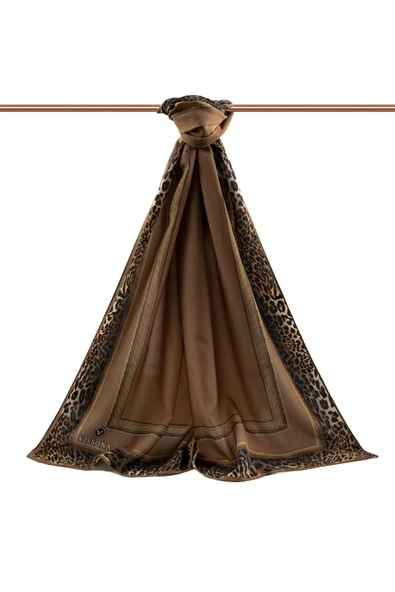 LÜKS MEDİNE İPEĞİ LEOPAR BORDÜR DESENLİ VİZON RENKLİ 75X195 KIRIŞMAZ ŞAL MOSS KREP DİKİŞ TİPİ İTALYAN DİKİŞLİ - Resim 2