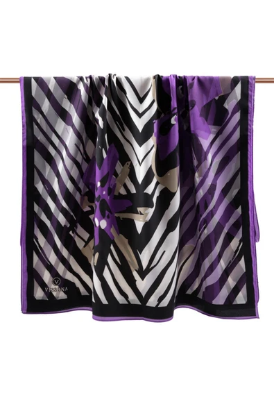 LÜKS MEDİNE İPEĞİ ZEBRA VE ÇİÇEK DESENLİ LİLA RENKLİ 75X195 KIRIŞMAZ ŞAL MOSS KREP DİKİŞ TİPİ İTALYAN DİKİŞLİ - Resim 2