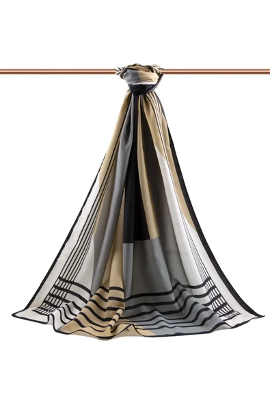 LÜKS MEDİNE İPEĞİ GEOMETRİK DESENLİ GRİ - BEJ RENKLİ 75X195 KIRIŞMAZ ŞAL MOSS KREP DİKİŞ TİPİ İTALYAN DİKİŞLİ - Resim 2