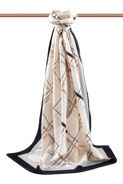 LÜKS MEDİNE İPEĞİ GEOMETRİK DESENLİ BEJ - GRİ RENKLİ 75X195 KIRIŞMAZ ŞAL MOSS KREP DİKİŞ TİPİ İTALYAN DİKİŞLİ - Resim 2