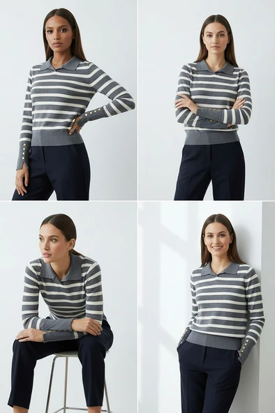 Kadın Polo Yaka Çizgili Kazak Gri - Resim 4