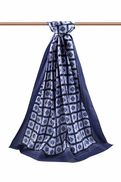 LÜKS MEDİNE İPEĞİ KARE DESENLİ İNDİGO RENKLİ 75X195 KIRIŞMAZ ŞAL MOSS KREP DİKİŞ TİPİ İTALYAN DİKİŞLİ - Resim 2