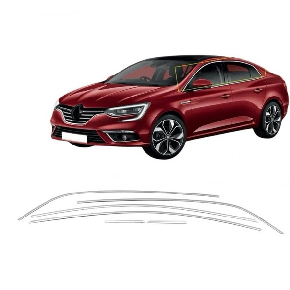 Renault Megane 4 Uyumlu Sedan Paslanmaz Çelik Krom Cam Üst Çıtası 2016-2025 6 Parça ürün görseli 1