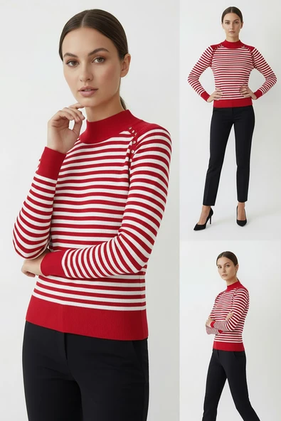 Kadın Omuz Taşlı Çizgili Triko Bluz Kırmızı - Resim 2