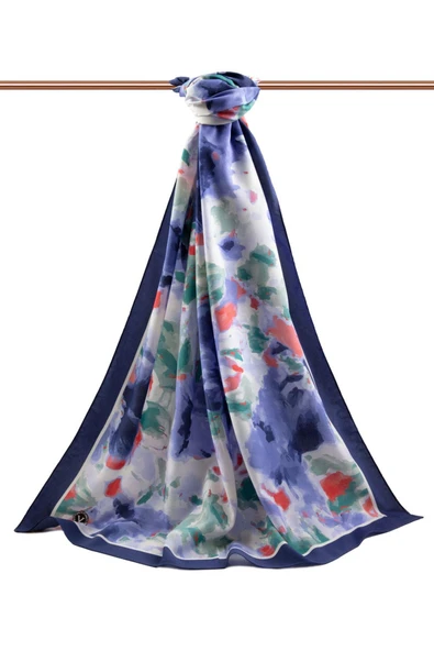 LÜKS MEDİNE İPEĞİ ÇİÇEK DESENLİ İNDİGO RENKLİ 75X195 KIRIŞMAZ ŞAL MOSS KREP DİKİŞ TİPİ İTALYAN DİKİŞLİ - Resim 2