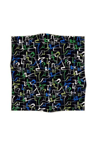 % 57 İPEK % 43 VİSKON Twill İpek Soyut Geometrik Desenli Saks - Zümrüt Yeşili Renkli 90x90 Eşarp Dikim Şekli : El Dikişi - Resim 2