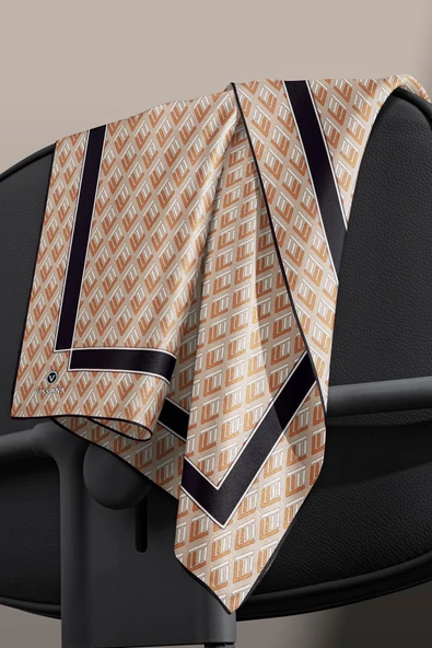 % 57 İPEK % 43 VİSKON Twill İpek Geometrik Desenli Bej - Taba  Renkli 90x90 Eşarp Dikim Şekli : El Dikişi - Resim 4