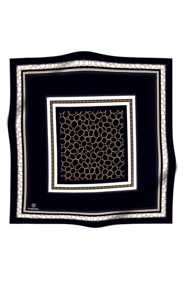% 57 İPEK %43 VİSKON  Twill İpek Gold Halka Desenli Siyah - Krem Renkli 90x90 Eşarp Dikim Şekli : El Dikişi - Resim 2