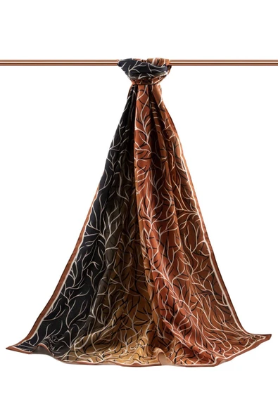 LÜKS MEDİNE İPEĞİ GEOMETRİK DESENLİ TABA RENKLİ 75X195 KIRIŞMAZ ŞAL MOSS KREP DİKİŞ TİPİ İTALYAN DİKİŞLİ - Resim 2