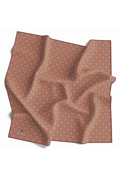 %100 Twill İpek Monogram Desenli Taba Renkli 90x90 Eşarp Dikim Şekli : El Dikişi - Resim 2