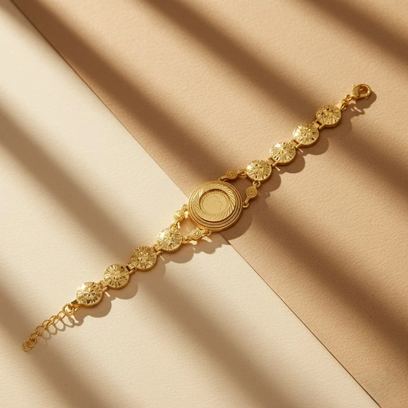 Altın Kaplama İmitasyon Çiçek Desenli  Yarım Çerçeveli Bileklik  BLK-1198 - Resim 5