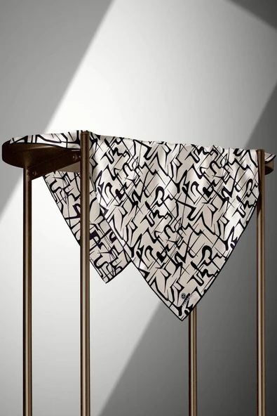 % 57 İPEK % 43 VİSKON Twill İpek Soyut Geometrik Desenli Krem - Siyah Renkli 90x90 Eşarp Dikim Şekli : El Dikişi - Resim 3
