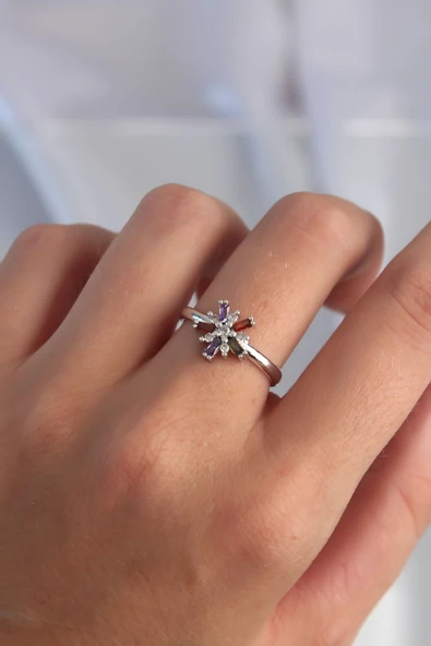 Pirinç Gümüş Renk Renkli Zirkon Taşlı Ayarlamalı Yüzük - Resim 2